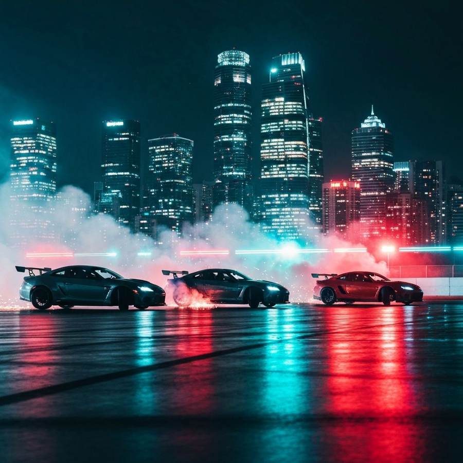 Performance cars gathered beneath city lights